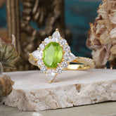 1.5CT Oval Cut 4 Prong Peridot Classic Side Stone Engagement Ring Unique Halo Bridal Ring